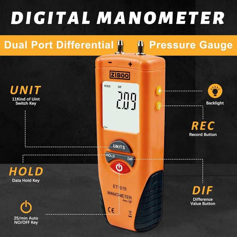 ZIBOO ET1015 Digital Manometer, Dual Port Differential Pressure Gauge, ±100 PSI Air and Differential Dual Port Pressure Gauge, Large LCD Display with Backlight,HVAC Gas Pressure Tester - Image 2